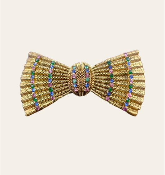 Czech Gold metal Bow Brooch with coloured stones