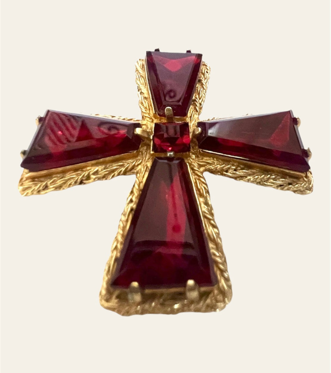 Vintage Red Glass Maltese Cross Brooch/Pendant