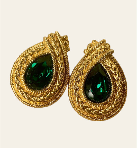 1980's Green Teardrop Clip On Earrings