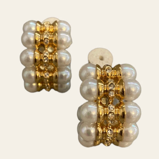 1990's NINA RICCI Gold Tone Hoop Clip On Earrings With Faux Pearls