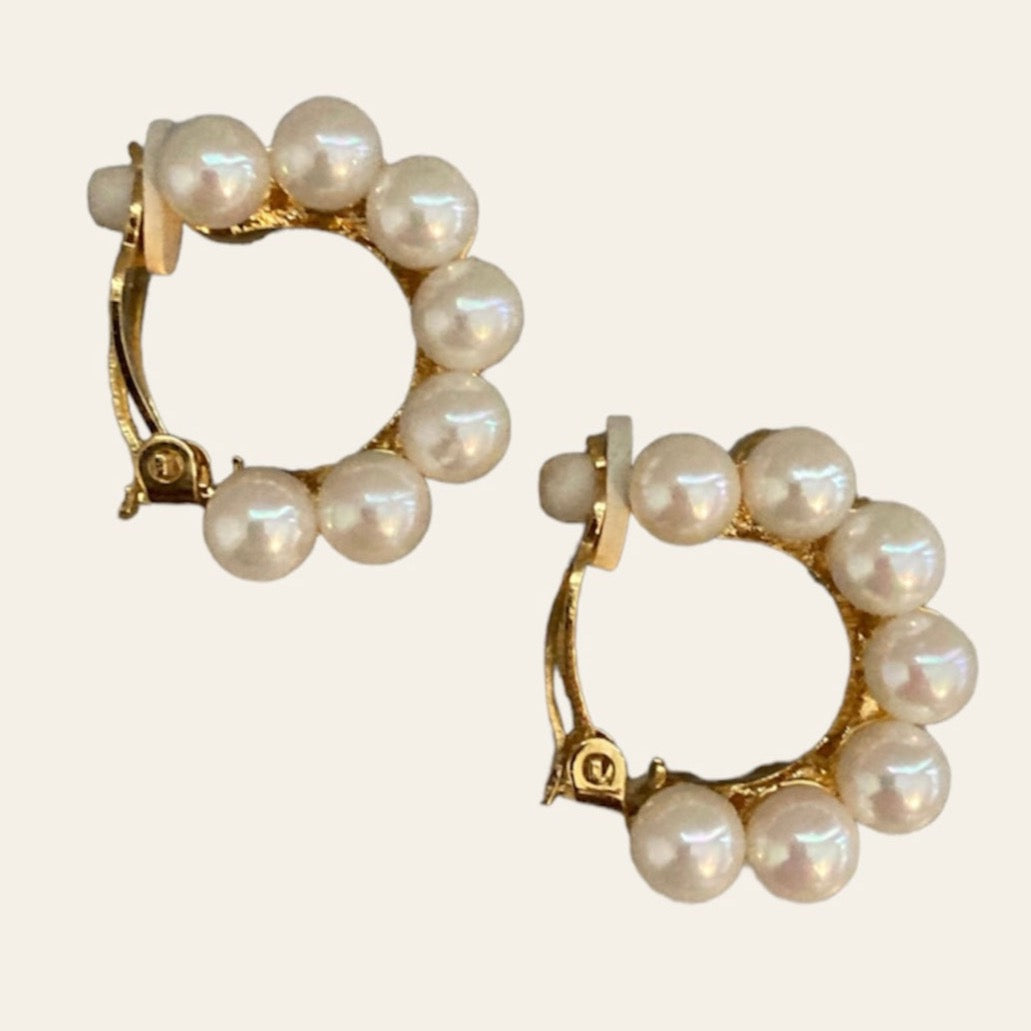 1990's NINA RICCI Gold Tone Hoop Clip On Earrings With Faux Pearls