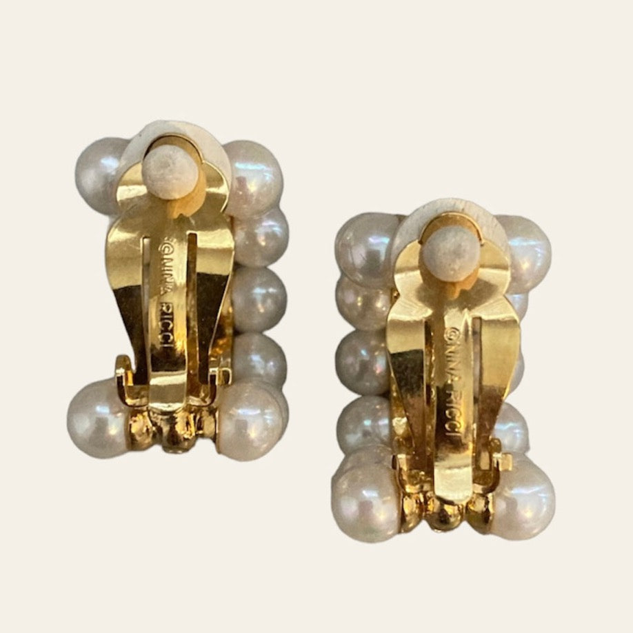 1990's NINA RICCI Gold Tone Hoop Clip On Earrings With Faux Pearls