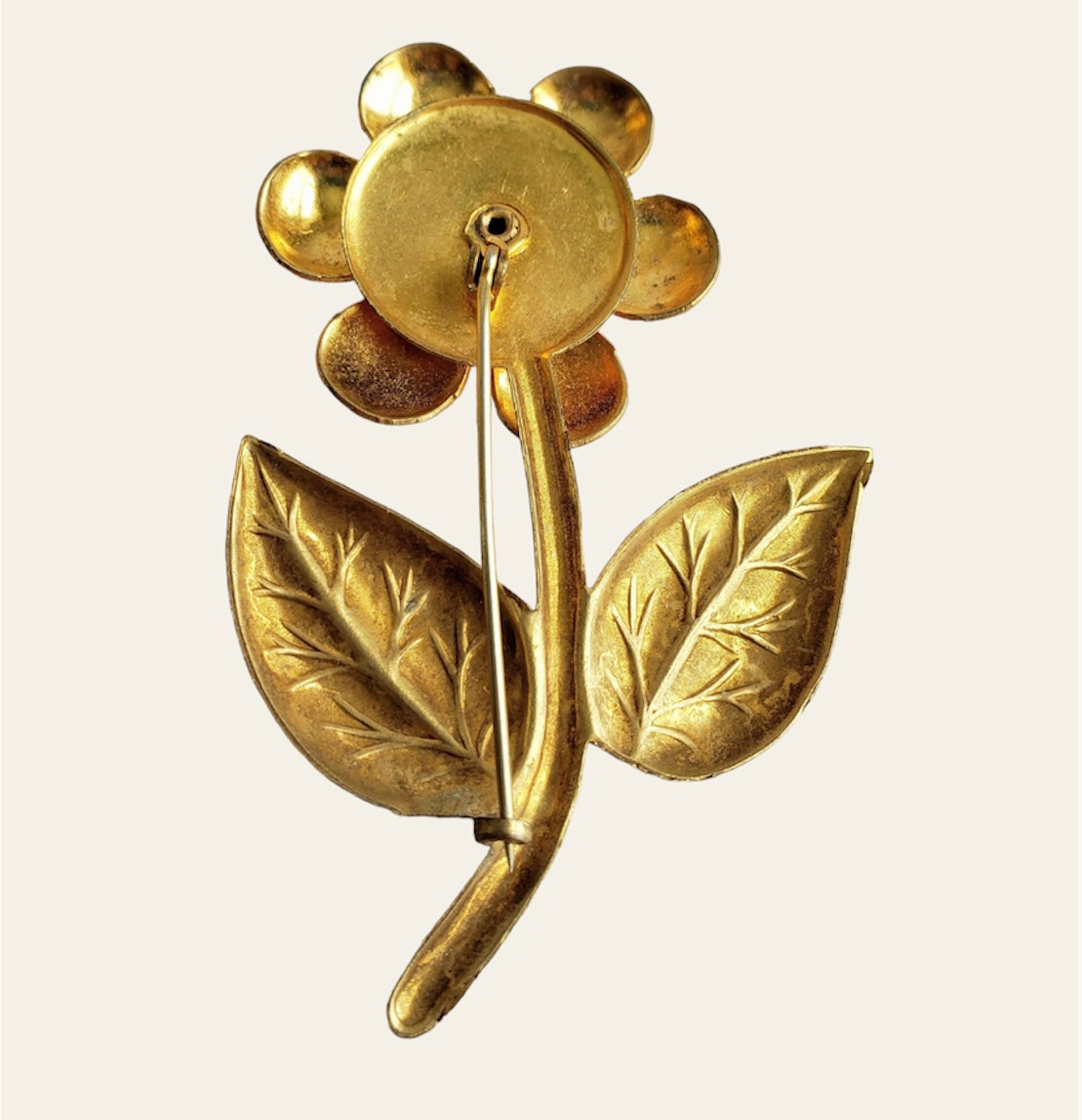 Art Nouveau Gold Metal Flower Brooch with Red Ruby Tone Center