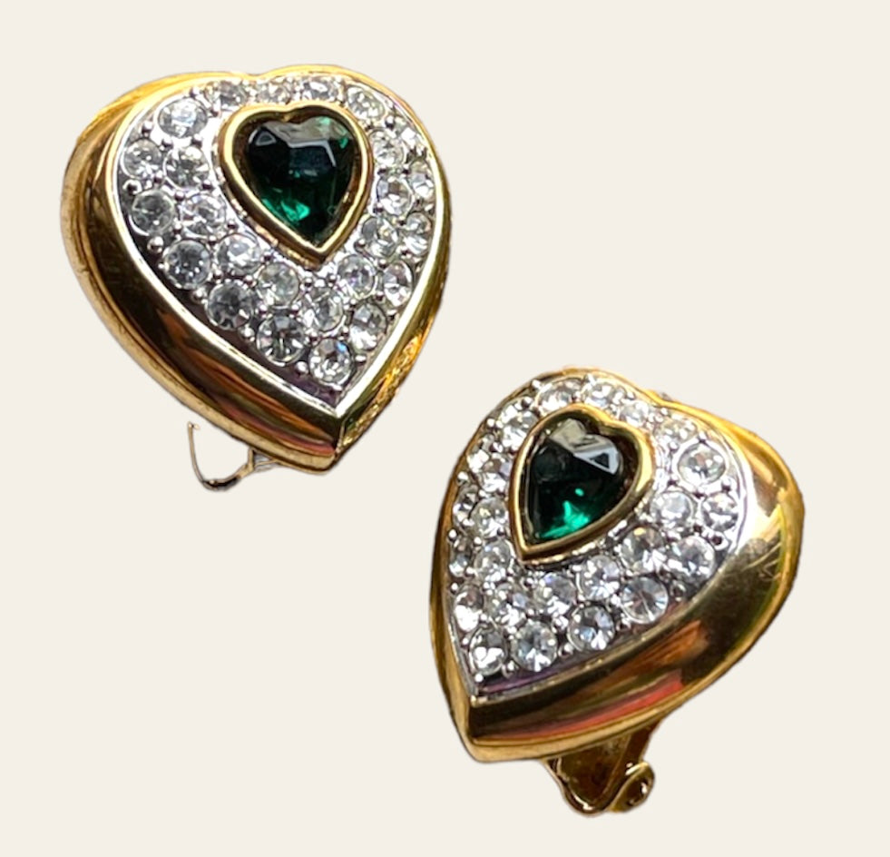 Vintage Heart Shaped Diamanté Clip On Earrings