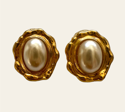 Gold Tone Faux Pearl Pierced Earrings