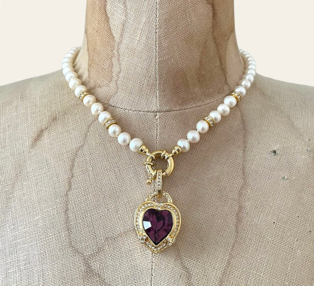 Purple Vintage Heart Pearl Baroque Necklace