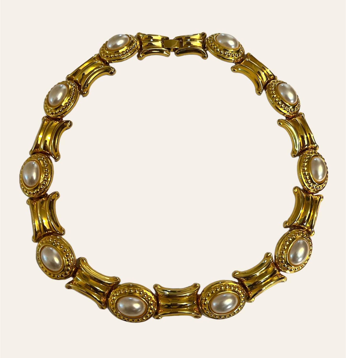 1980's Statement Gold Tone Choker with Faux Pearls