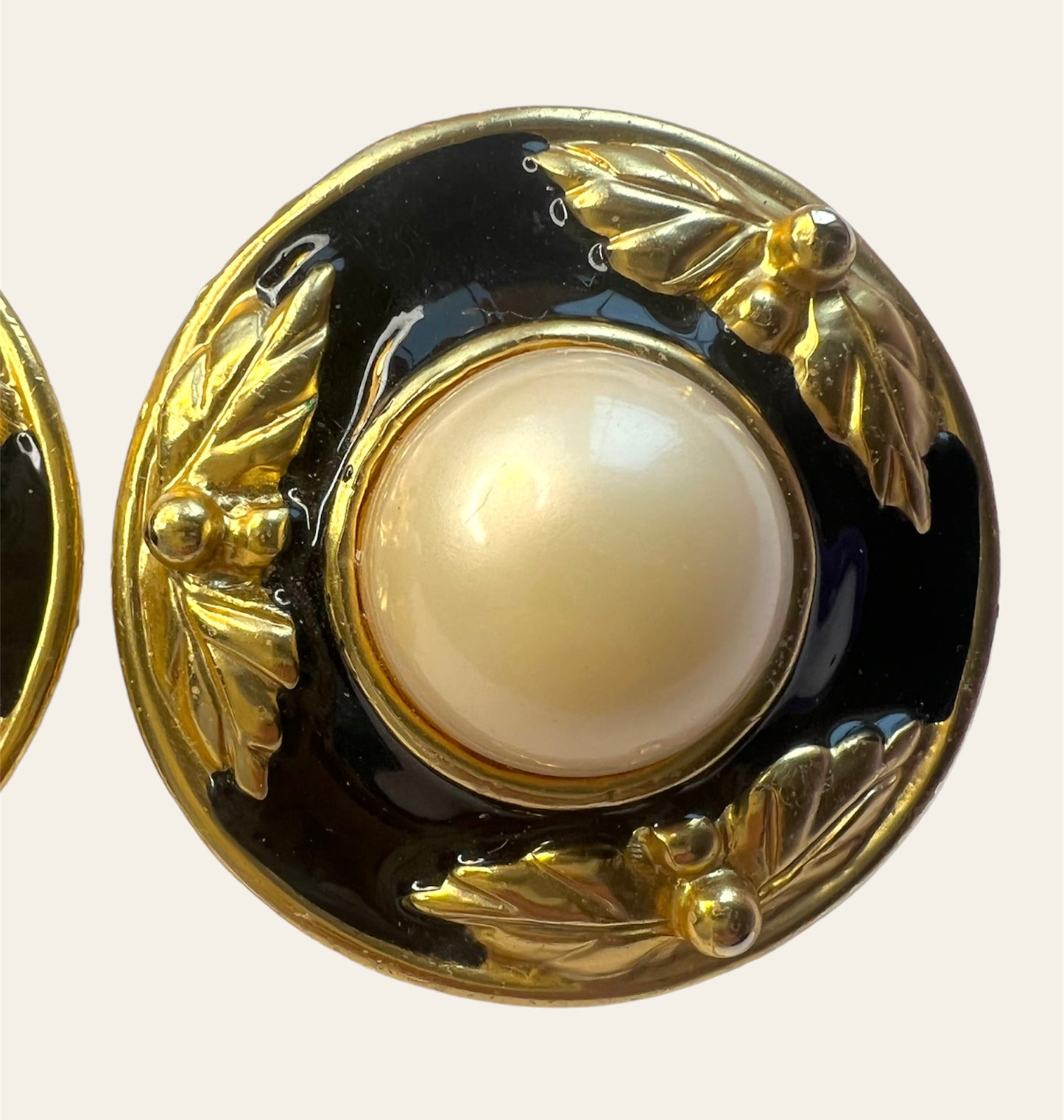 Baroque-Inspired Black Enamel with Faux Pearl Clip On Earrings