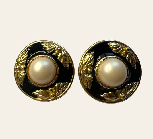 Baroque-Inspired Black Enamel with Faux Pearl Clip On Earrings