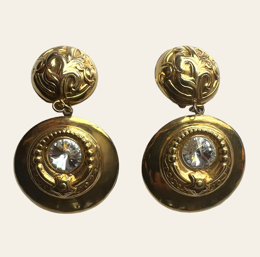 Dangle Gold Tone Clip On Earrings with Large Rhinestones