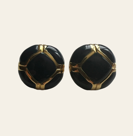 Nina Ricci Earrings in Gold Tone and Navy Blue Enamel