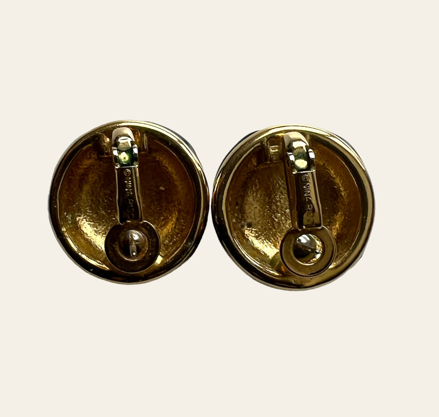 Nina Ricci Earrings in Gold Tone and Navy Blue Enamel