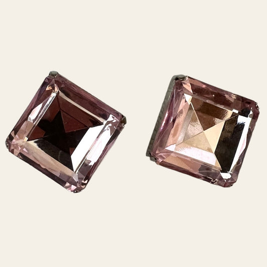 Pink Squared Crystal Clip On Earrings