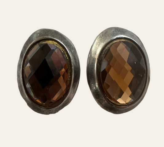 Oval Shaped Brown Crystals Clip On Earrings