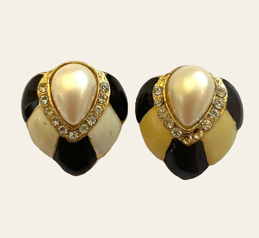 1980's Deco Cip On Cream and Black Baroque Pearl Earrings