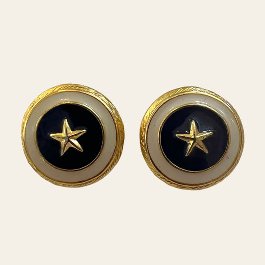 1980's Star Clip On Earrings with Navy Blue Enamel