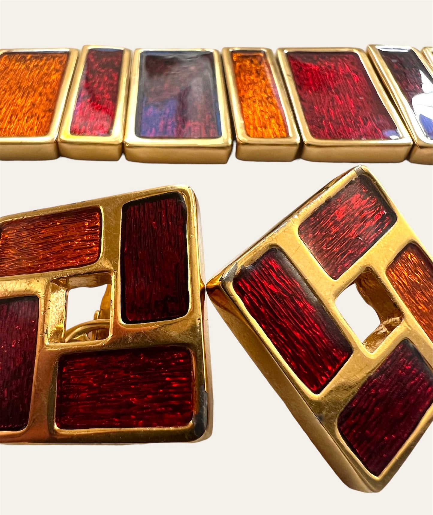 1970's Joël Orange &  Red Enamel Panels Bracelet and Matching Squared Earrings