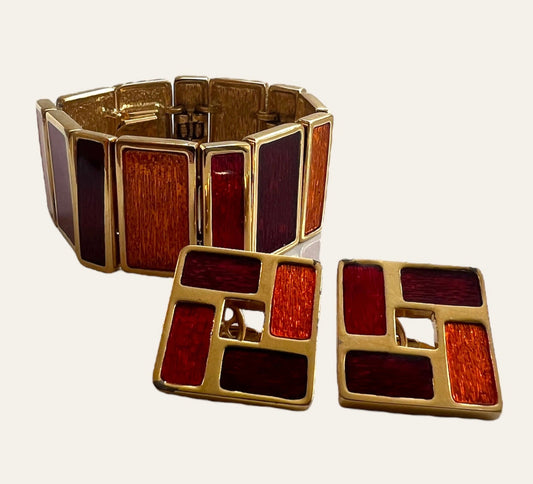 1970's Joël Orange &  Red Enamel Panels Bracelet and Matching Squared Earrings