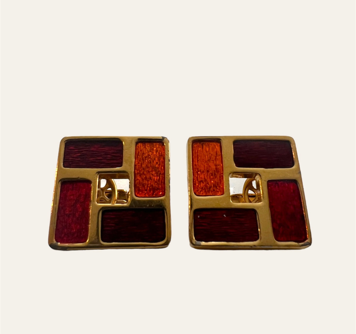 1970's Joël Orange &  Red Enamel Panels Bracelet and Matching Squared Earrings