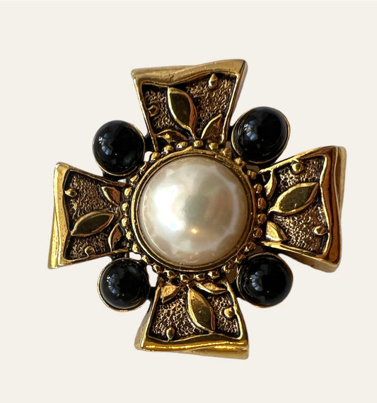 1980's Maltese Cross Brooch with Faux Pearl