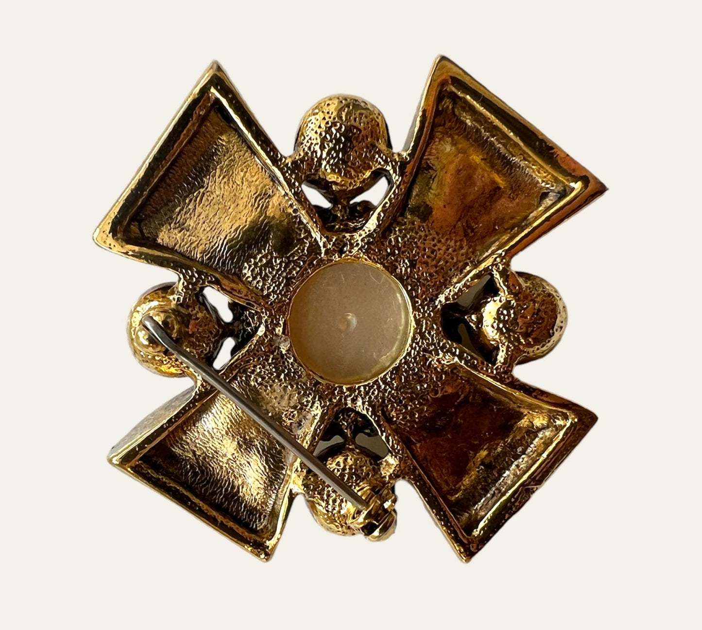 1980's Maltese Cross Brooch with Faux Pearl