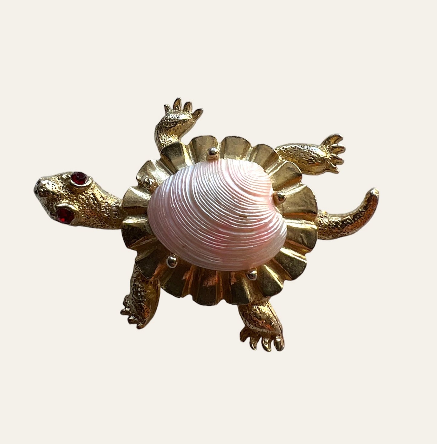 Signed Gold Tone Pink Shell Turtle Brooch