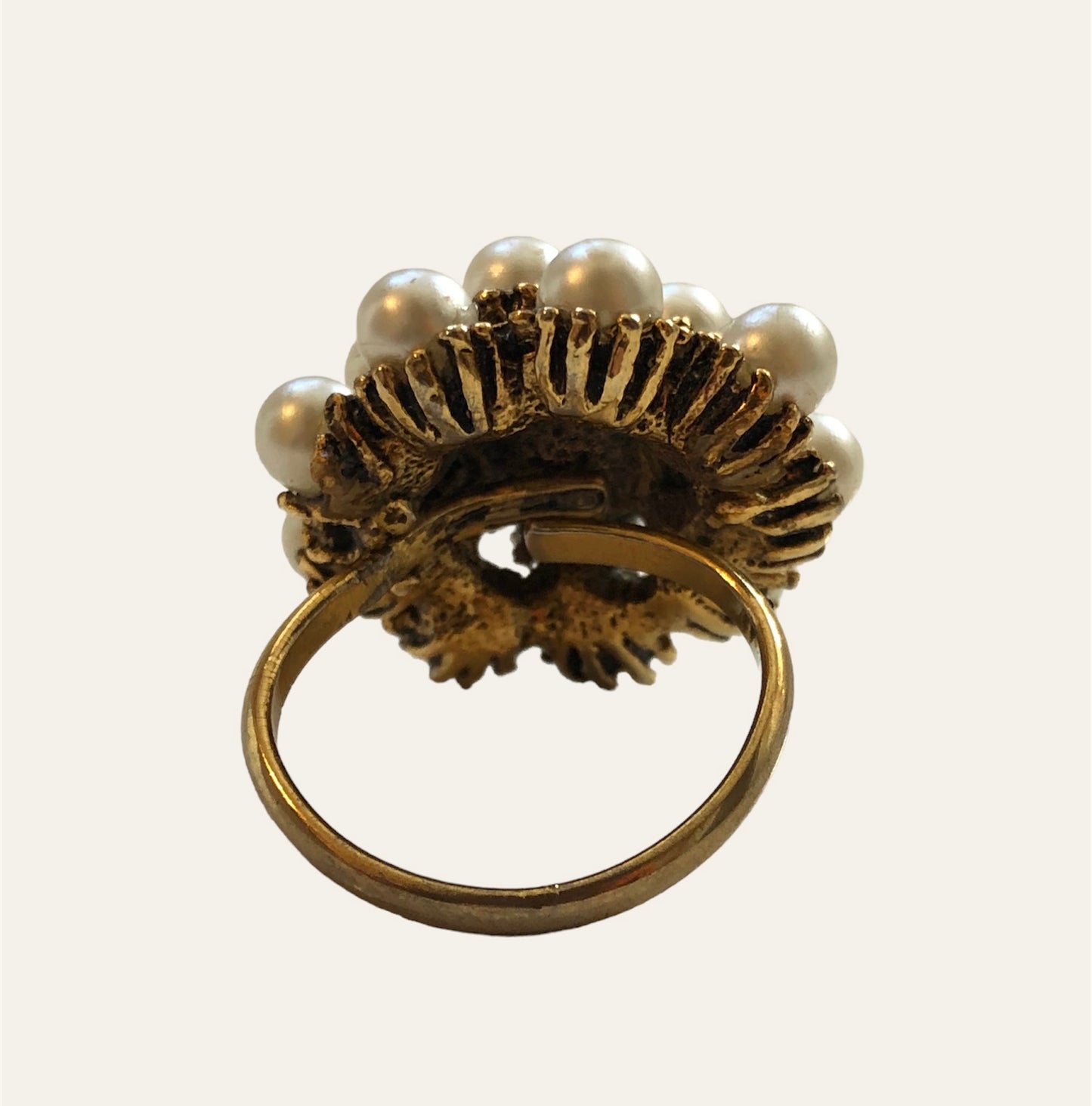 Adjustable Circular Gold Tone Ring With Faux Pearls