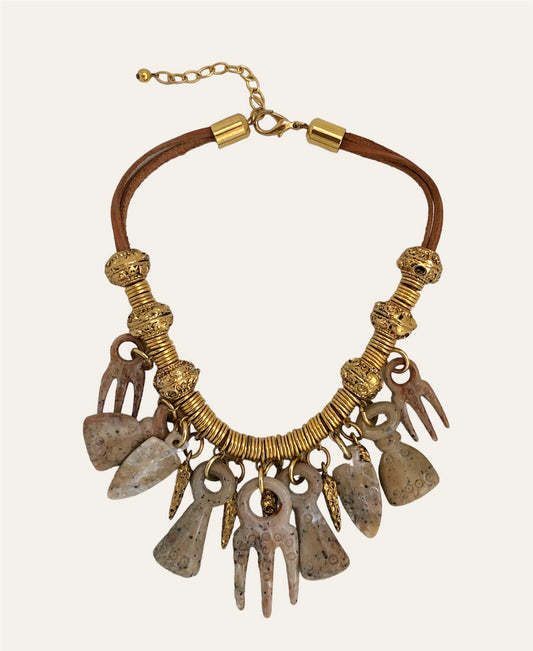 Vintage Leather Ancient Southwestern Style Collar Necklace with Dangly Faux Stones