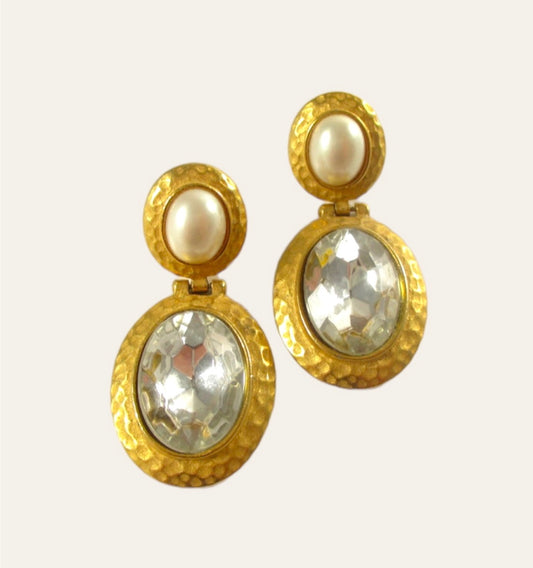 1980's Gold Tone Faux Pearl Dangle Earrings