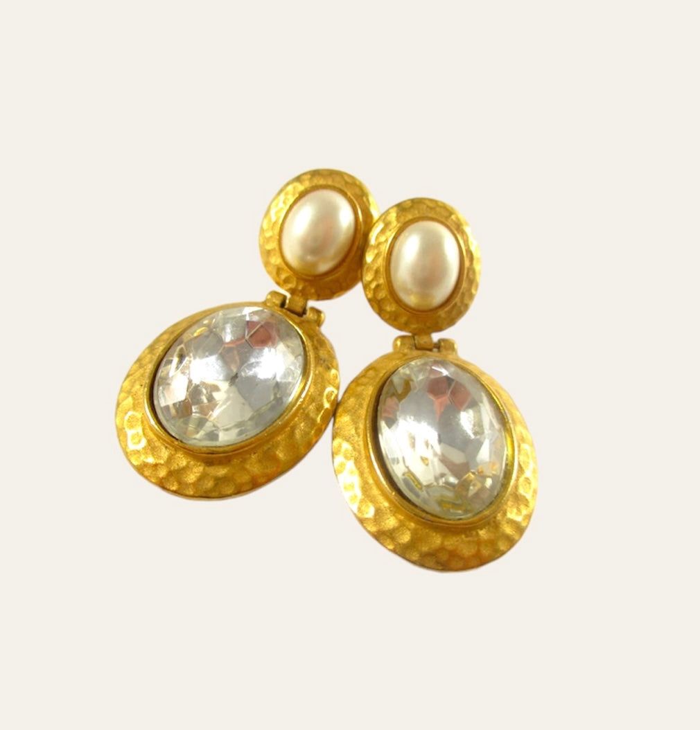 1980's Gold Tone Faux Pearl Dangle Earrings