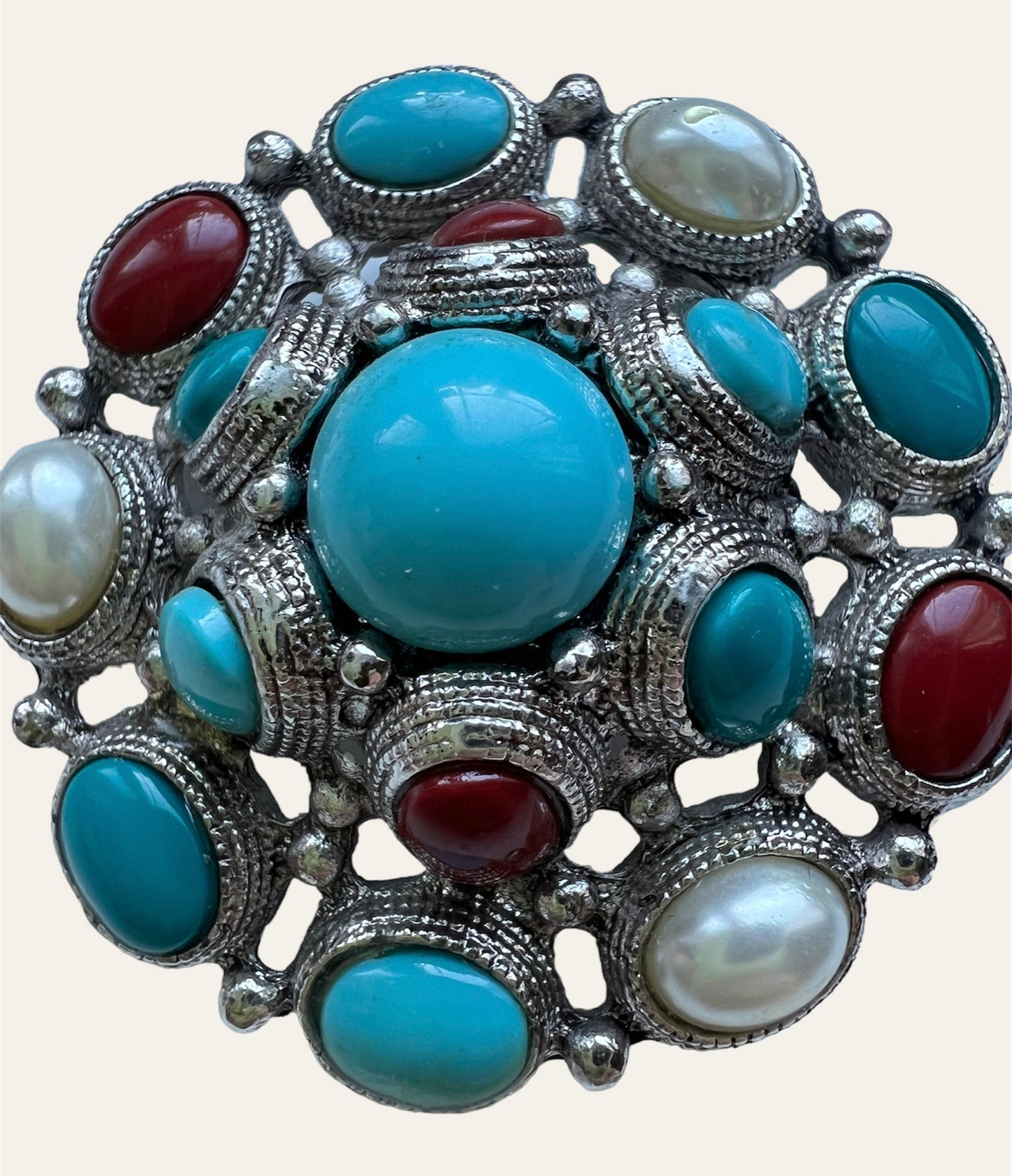 Silver Tone Brooch with Faux Cabochons