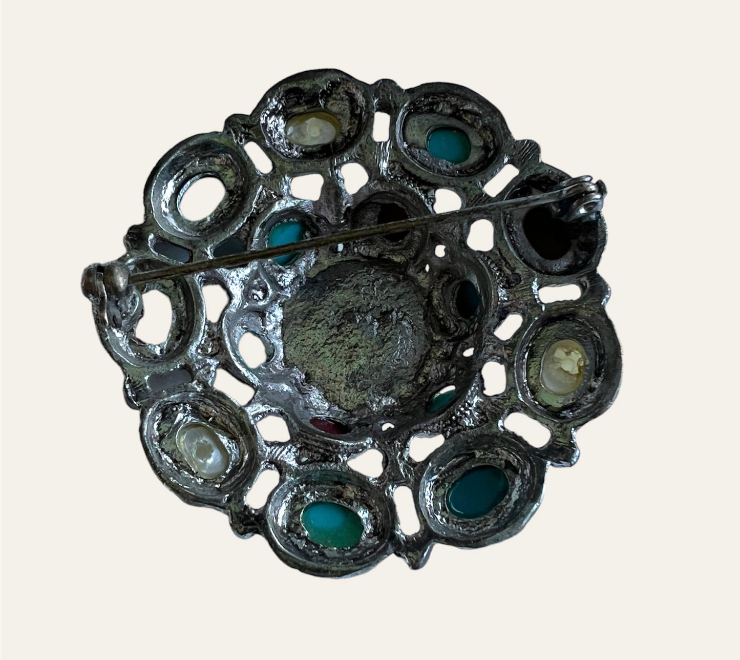 Silver Tone Brooch with Faux Cabochons