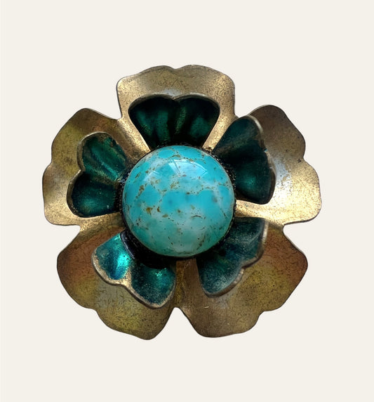 Flower Brooch with Blue Faux Painted Cabochon