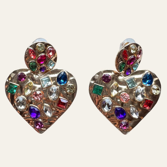 1990's Large Colorful Gold Tone Heart Earrings