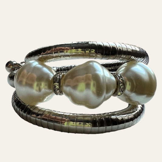 1980's Silver Tone Chunky Pearl Wrap Bracelet