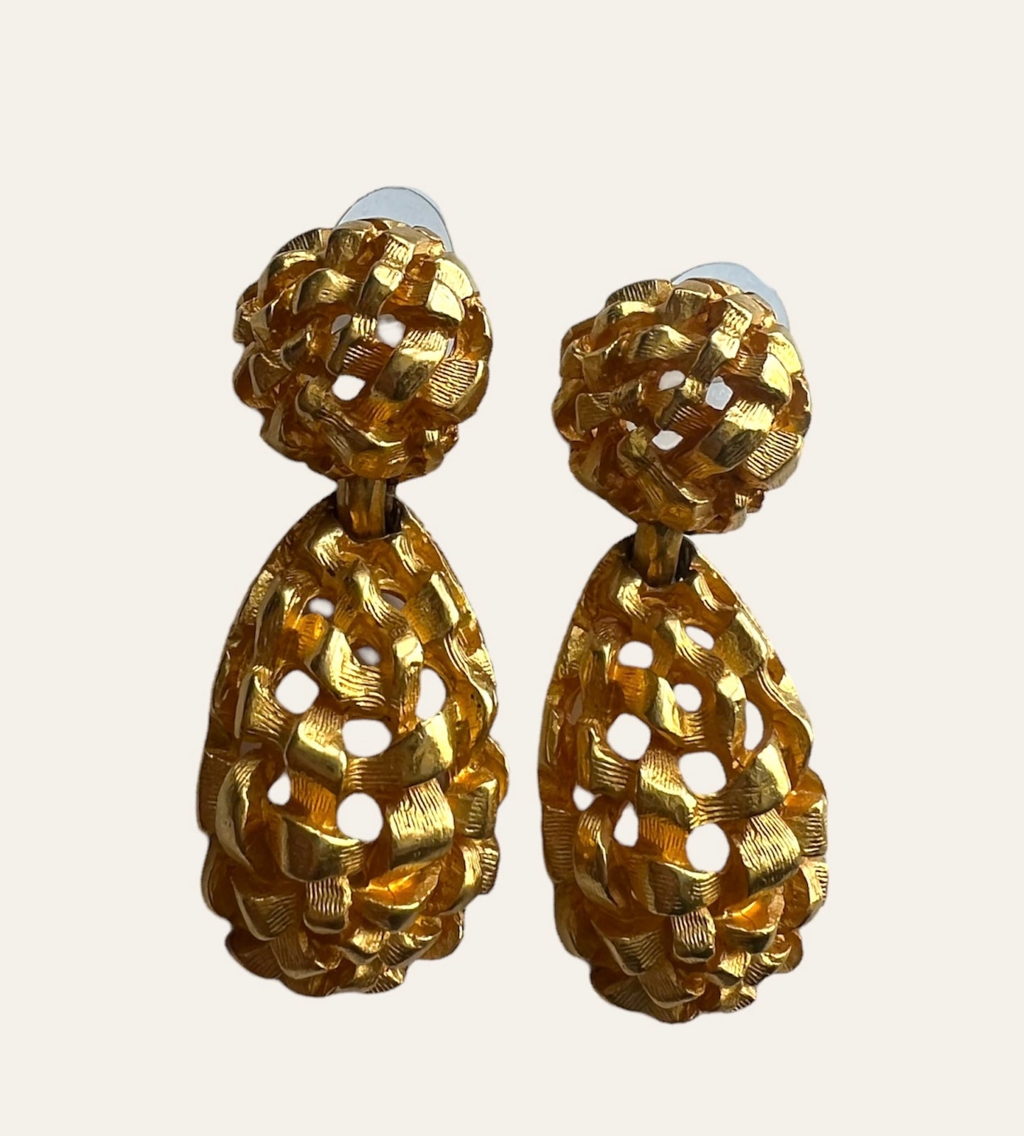 1990's Gold Tone Basketweave Drop Earrings