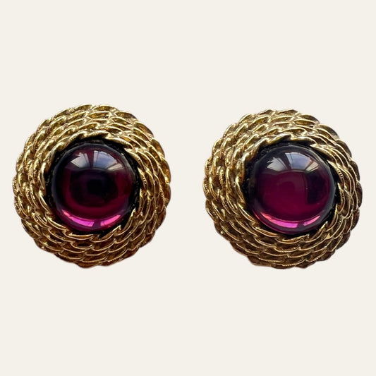 1960's Petite Purple Gold Tone Clip On Earrings