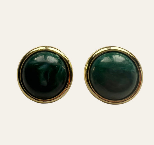 1970's Gold Tone Green Clip On Earrings