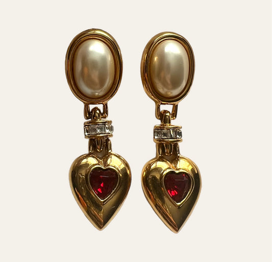 Red Heart Shaped Dangle Clip On Earrings With Faux Pearls