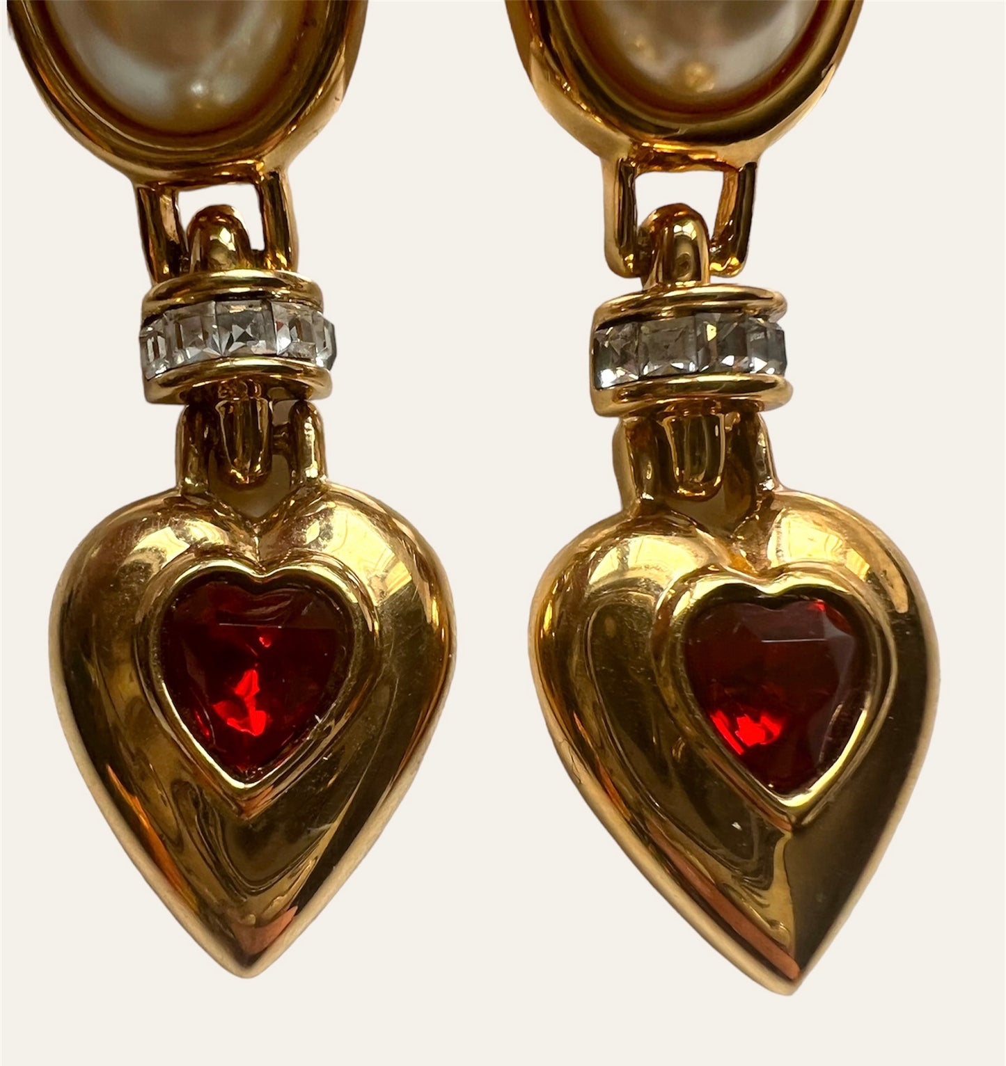 Red Heart Shaped Dangle Clip On Earrings With Faux Pearls