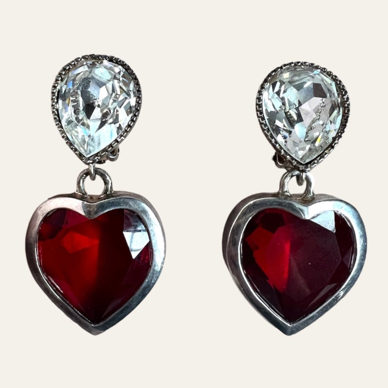 St John Red Heart Shaped Silver Tone Drop Earrings