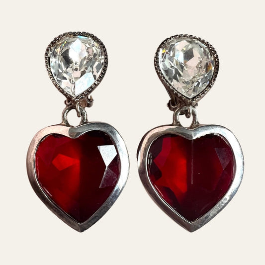 St John Red Heart Shaped Silver Tone Drop Earrings