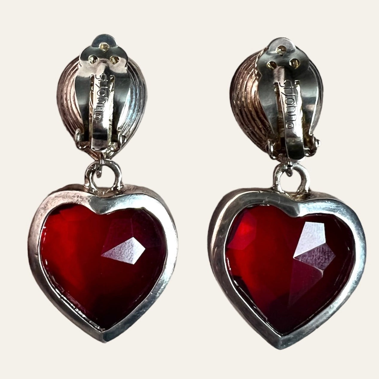 St John Red Heart Shaped Silver Tone Drop Earrings