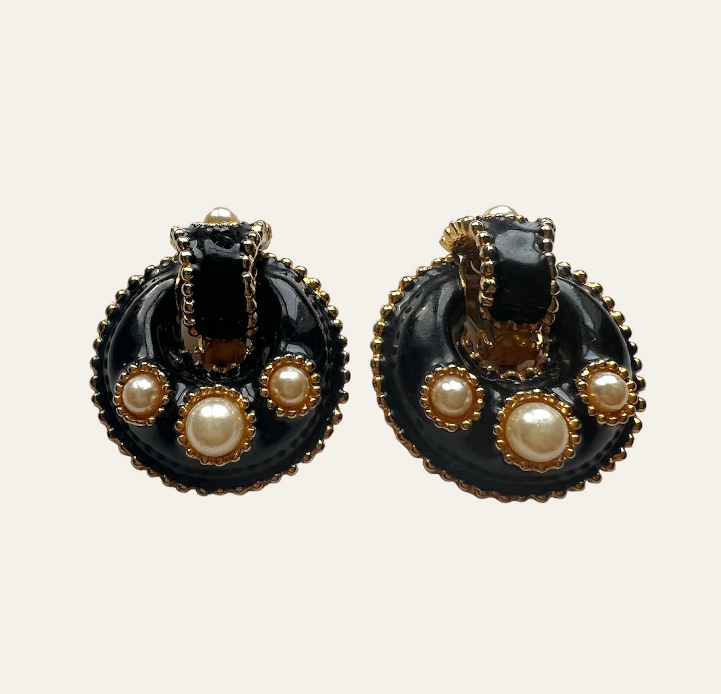 1990's Gold Tone Black Enamel Clip On Earrings with Faux Pearls