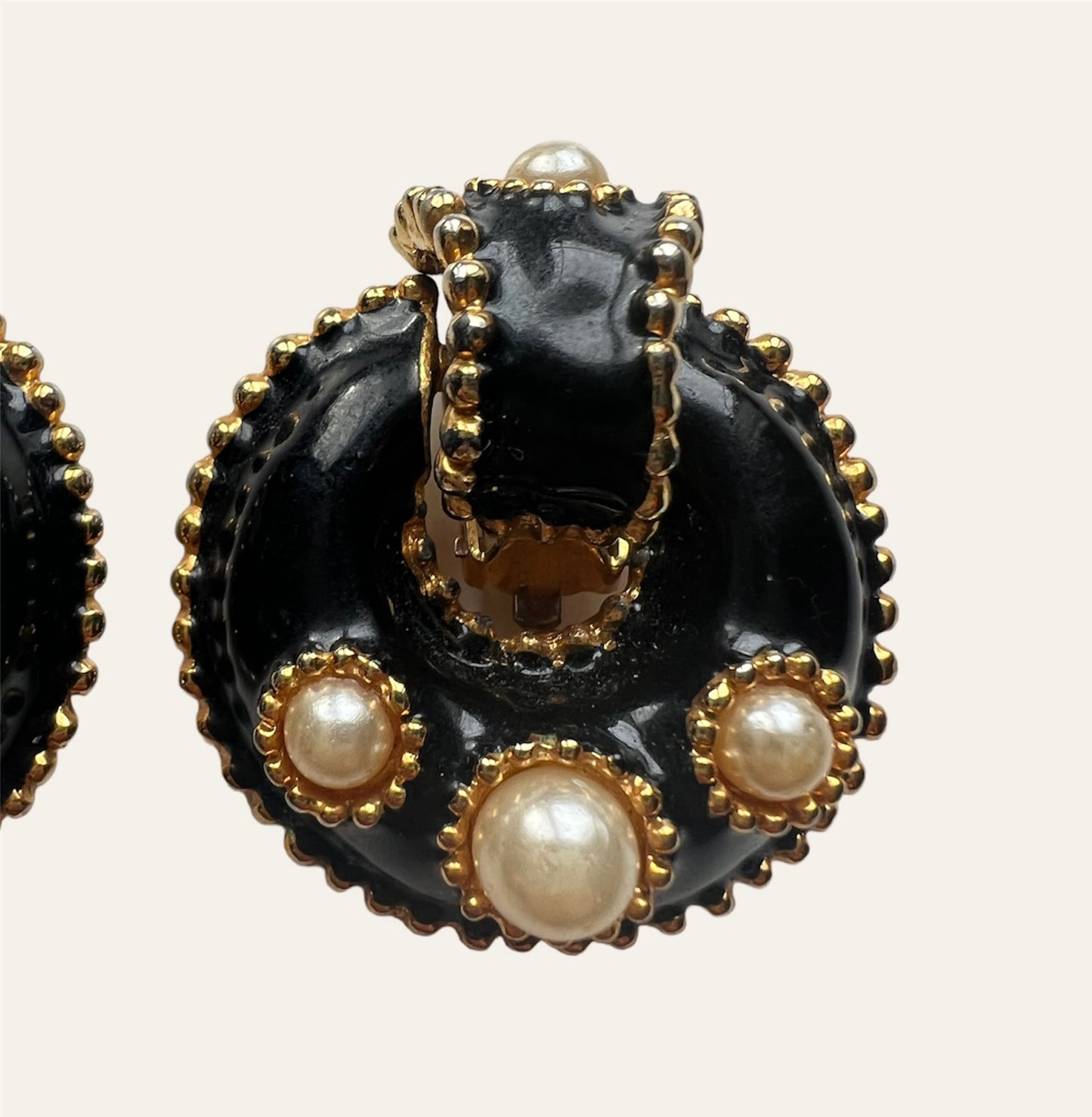 1990's Gold Tone Black Enamel Clip On Earrings with Faux Pearls