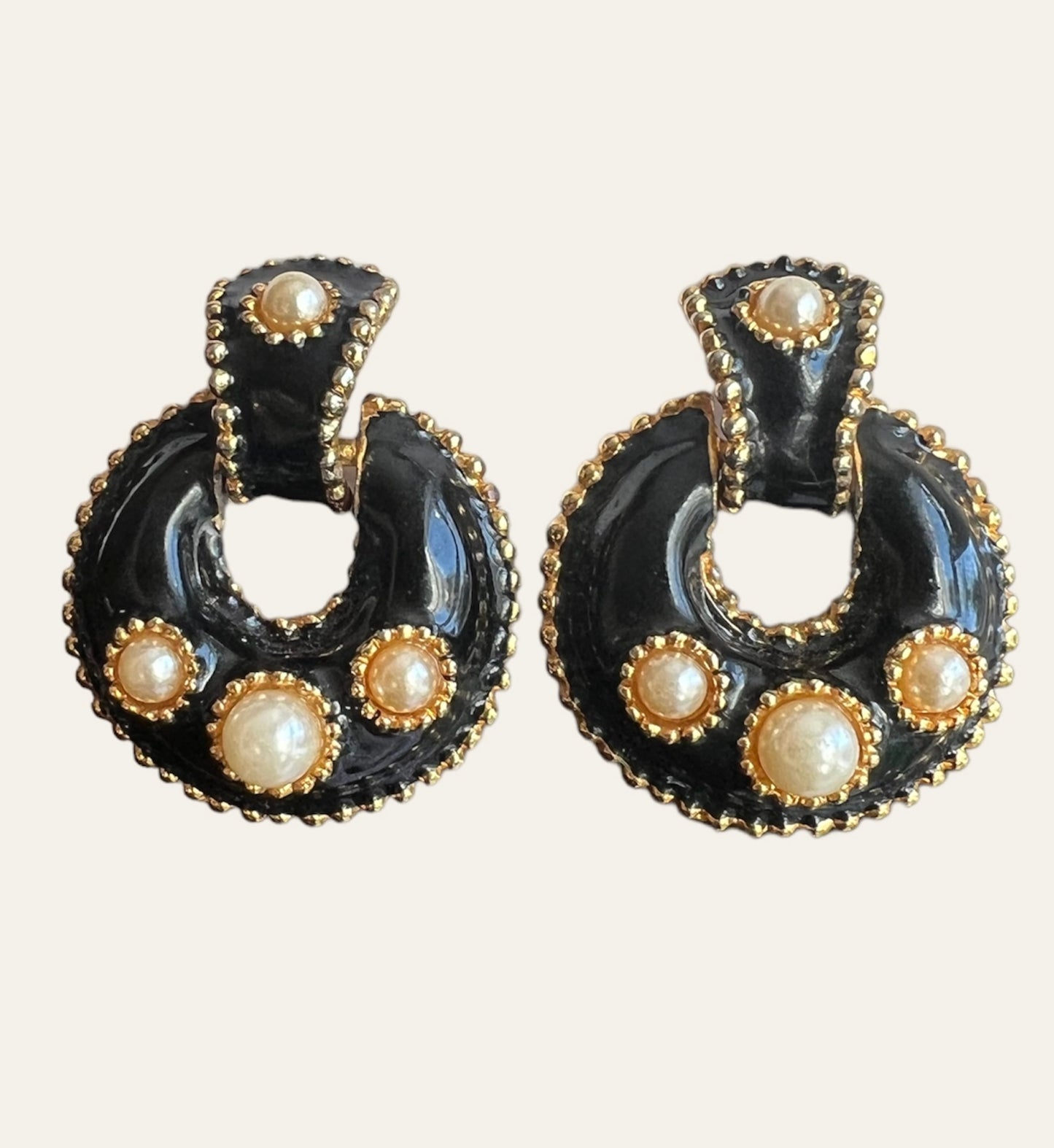 1990's Gold Tone Black Enamel Clip On Earrings with Faux Pearls