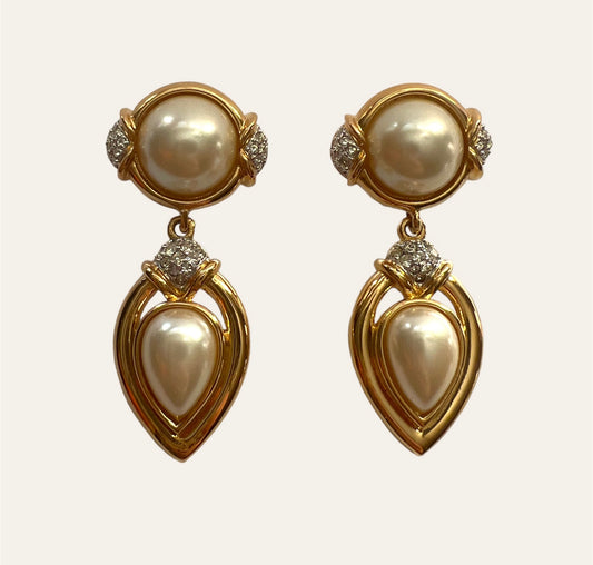 Gold Tone Clip On Drop Earrings with Faux Pearls and Rhinestones