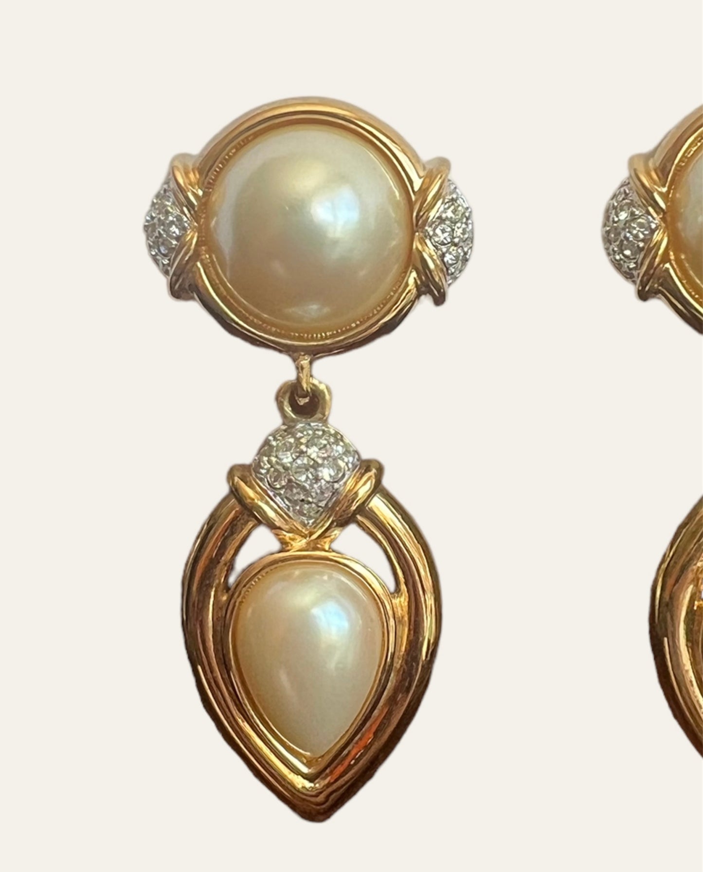 Gold Tone Clip On Drop Earrings with Faux Pearls and Rhinestones