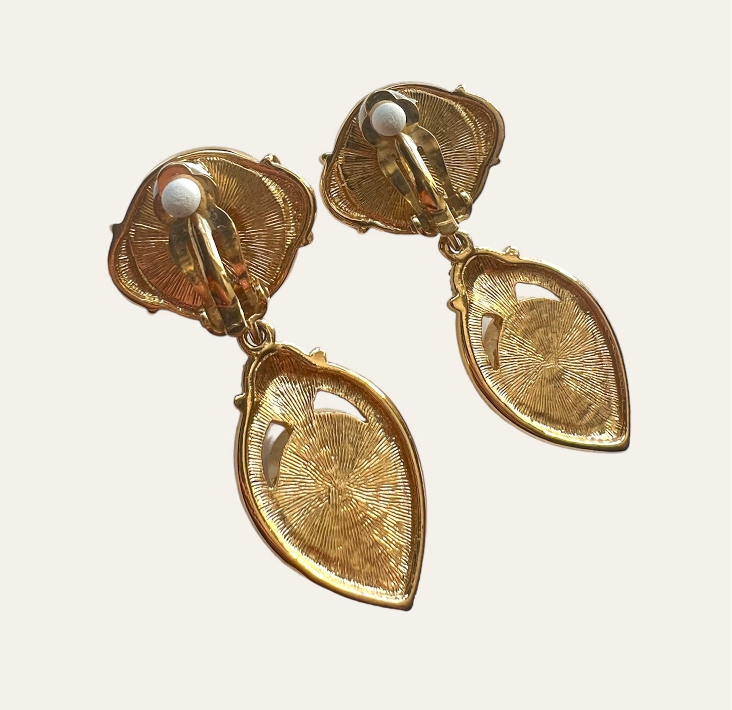 Gold Tone Clip On Drop Earrings with Faux Pearls and Rhinestones