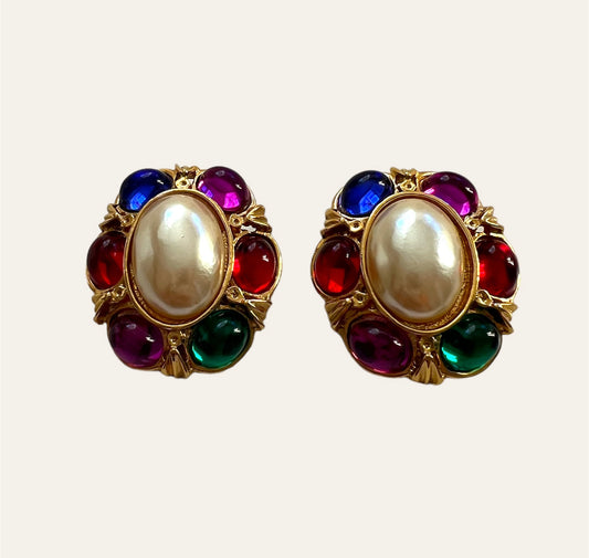 1980's Colourful Faux Pearl Clip On Earrings